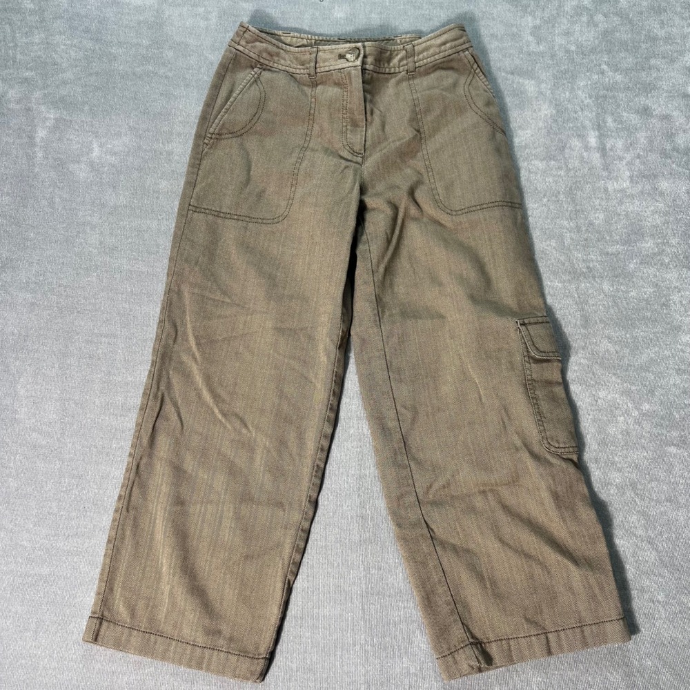 J. Jill Brown Herringbone Cargo Pants Womens Size 2 Wide Leg Multi Pocket